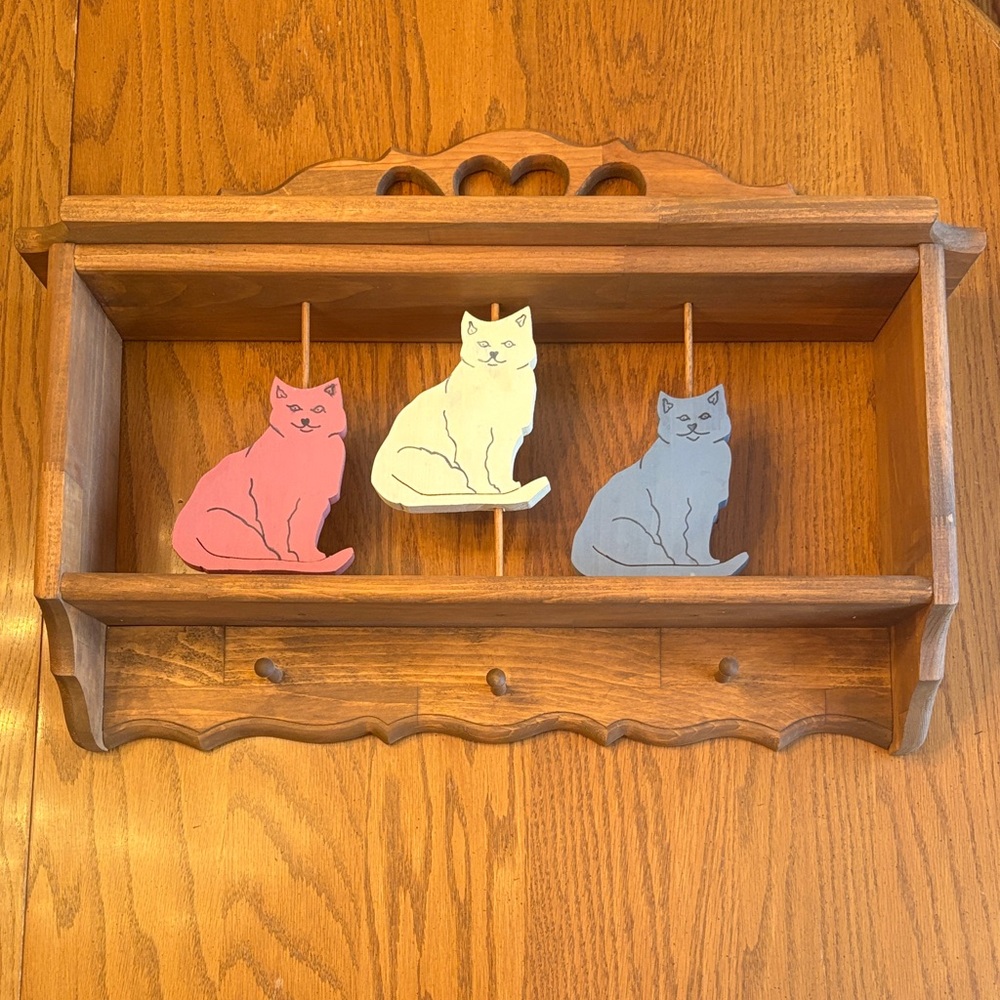 Wooden Cat Wall Shelf with Colorful Cat Figures